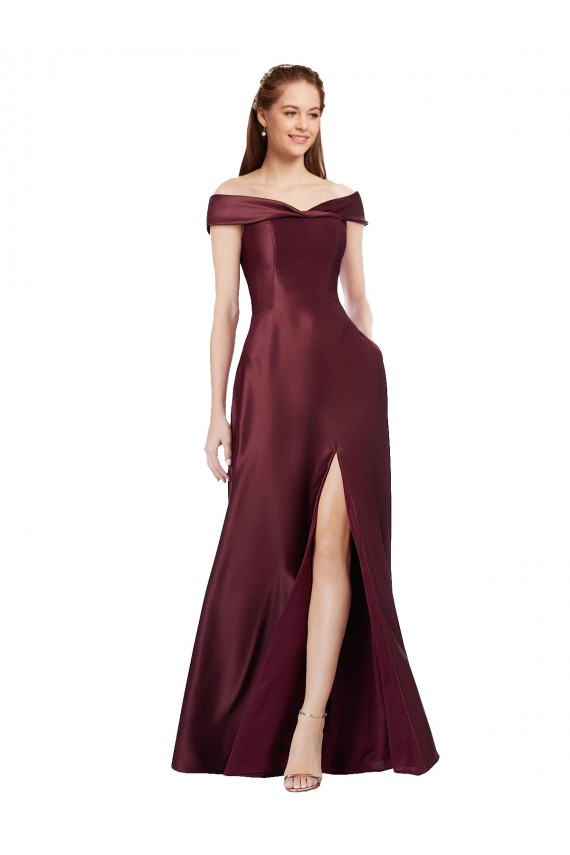 Long Cap Sleeves Satin Burgundy Gold A-Line Black Tie Evening Dress