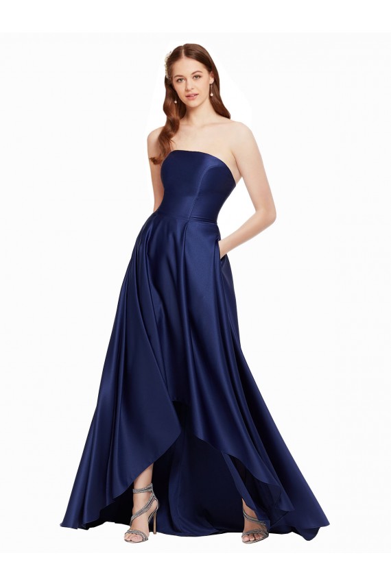 Long Sleeveless Satin Dark Navy A-Line High Low Evening Dress