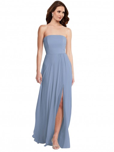 Long Sleeveless Soft Chiffon Dusty Blue Strapless A-Line Semi Formal Evening Dress for Sale