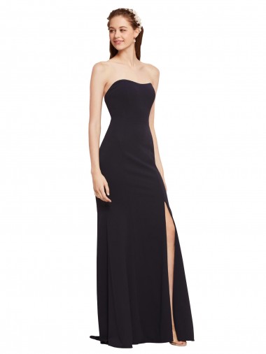 Long Sleeveless Stretch Crepe Dark Navy Strapless A-Line Formal Evening Dress for Sale