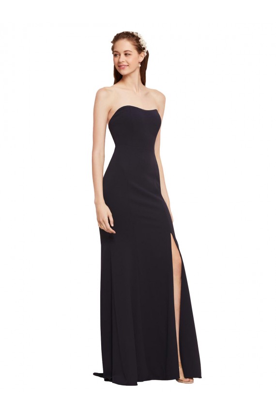 Long Sleeveless Stretch Crepe Dark Navy Strapless A-Line Formal Evening Dress