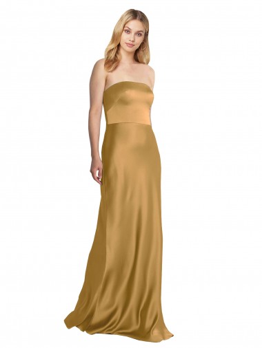 Long Sleeveless Stretch Satin Gold Strapless A-Line Formal Evening Dress for Sale