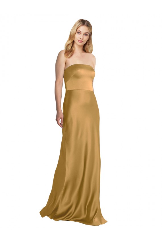 Long Sleeveless Stretch Satin Gold Strapless A-Line Formal Evening Dress