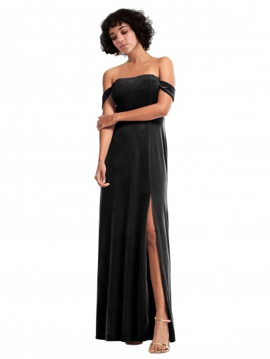 Long Sleeveless Stretch Velvet Black Off the Shoulder A-Line Formal Evening Dress for Sale