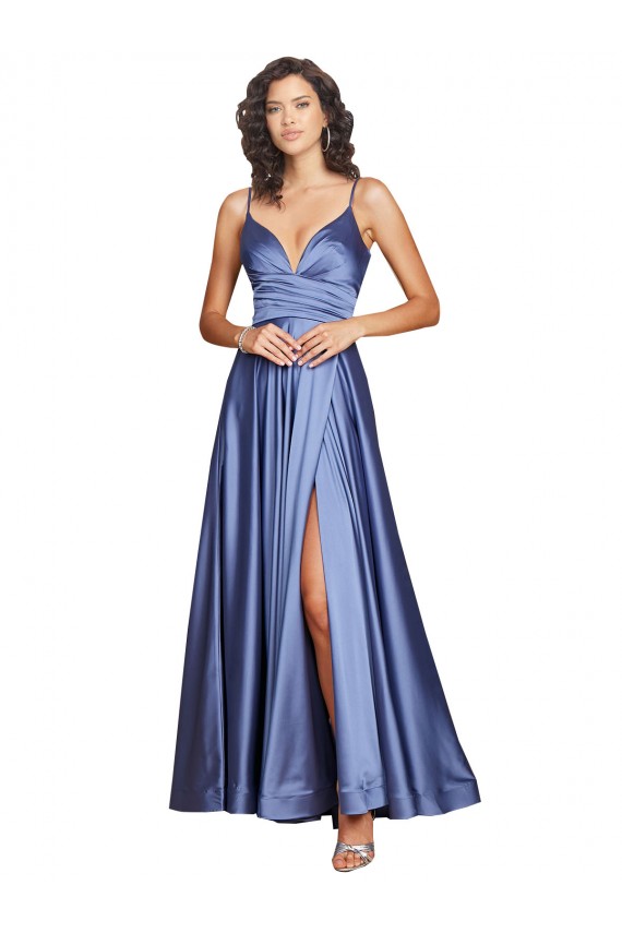 Long Sleeveless Silky Satin French Blue A-Line Black Tie Evening Dress