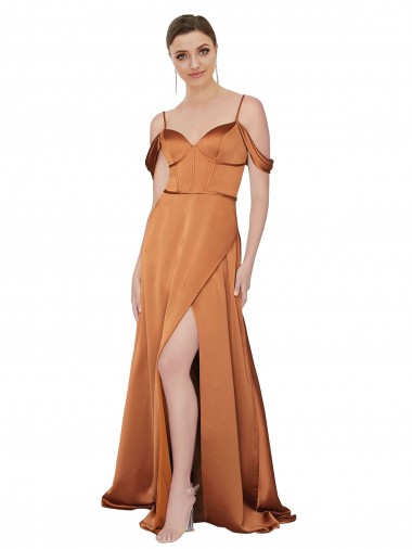 Long Cold Shoulder Silky Satin Orange A-Line Formal Evening Dress for Sale
