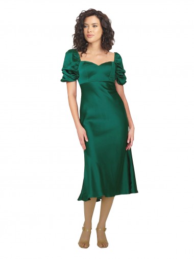 Midi Length Short Sleeves Silky Satin Hunter A-Line Formal Evening Dress for Sale