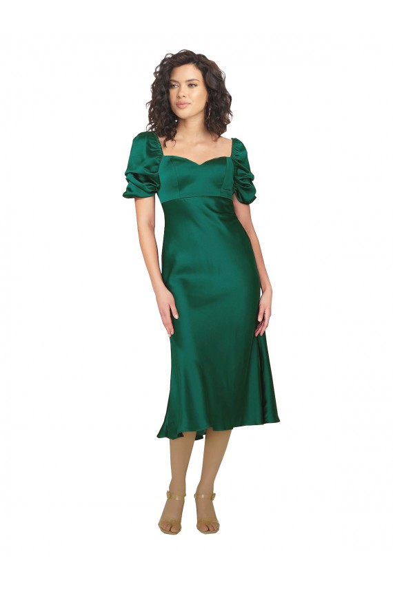 Midi Length Short Sleeves Silky Satin Hunter A-Line Formal Evening Dress
