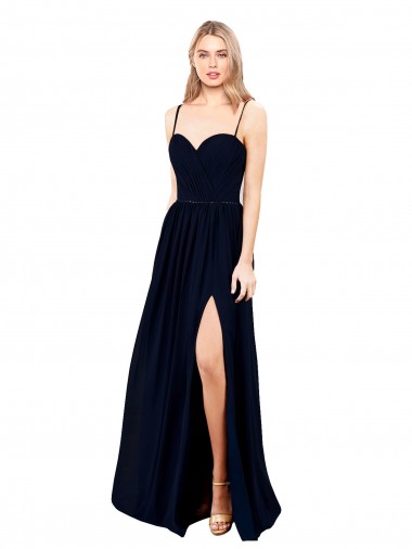 Long Sleeveless Soft Chiffon Dark Navy Spaghetti Straps A-Line Formal Evening Dress for Sale
