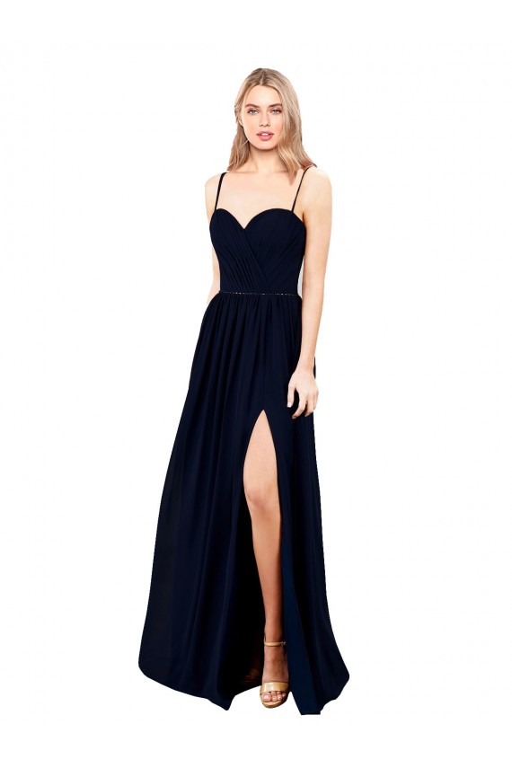 Long Sleeveless Soft Chiffon Dark Navy Spaghetti Straps A-Line Formal Evening Dress