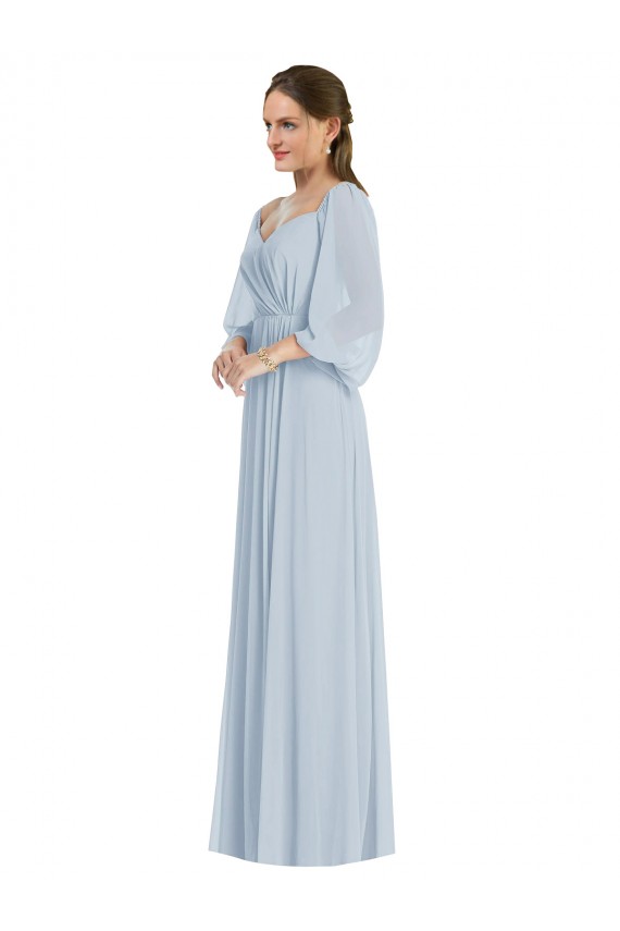 Long Puff Sleeves Soft Chiffon Sea Glass A-Line Formal Evening Dress