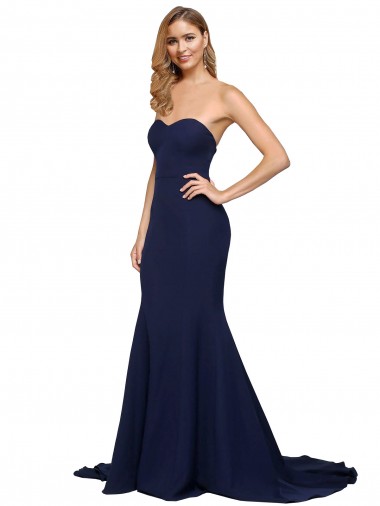 Sweep Train Sleeveless Stretch Crepe Dark Navy A-Line Formal Evening Dress for Sale