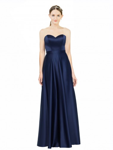 Long Sleeveless Stretch Satin Dark Navy A-Line Black Tie Evening Dress for Sale