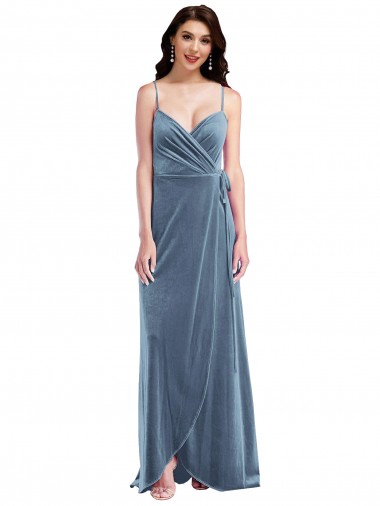 Long Sleeveless Stretch Velvet Dusty Blue A-Line Semi Formal Evening Dress for Sale
