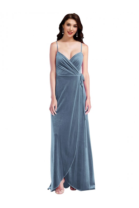 Long Sleeveless Stretch Velvet Dusty Blue A-Line Semi Formal Evening Dress