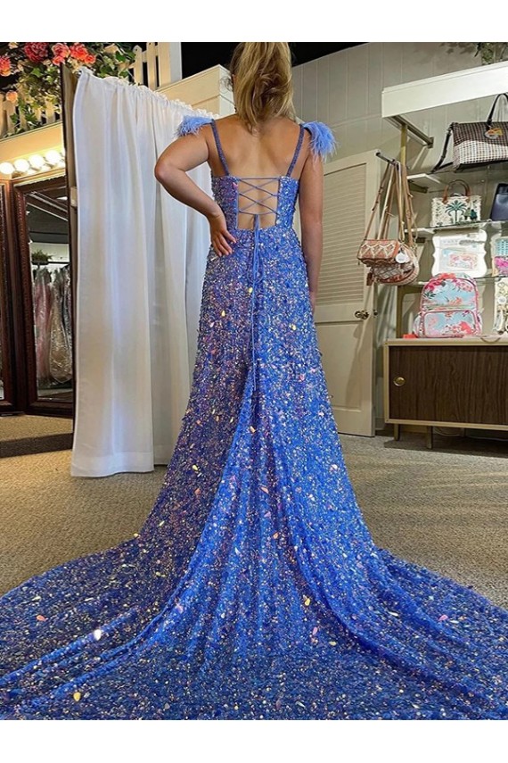 Court Train Sleeveless Velvet Sequin V-Neck A-Line Evening Dress
