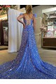 Court Train Sleeveless Velvet Sequin V-Neck A-Line Evening Dress