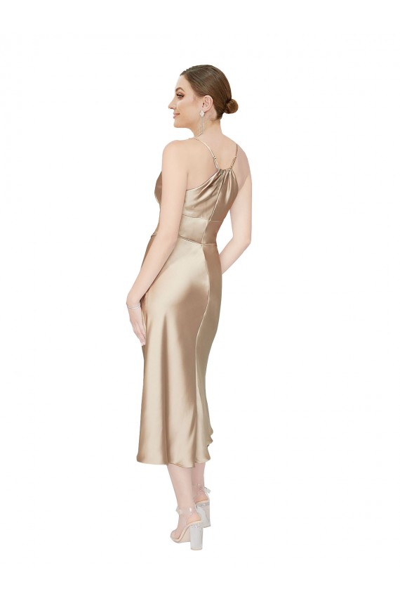 Midi Length Sleeveless Silky Satin A-Line Formal Evening Dress