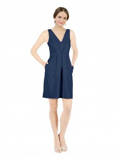 Knee Length Sleeveless Satin Dark Navy A-Line Evening Dress for Sale