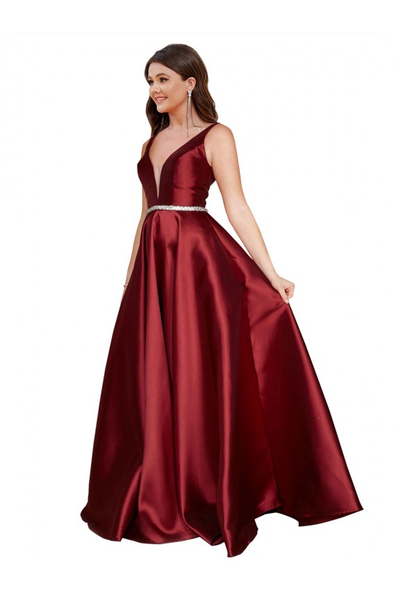 Long Sleeveless Satin Burgundy A-Line Plus Size Formal Evening Dress