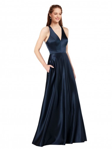 Long Sleeveless Satin Dark Navy A-Line Formal Evening Dress for Sale
