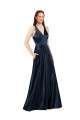 Long Sleeveless Satin Dark Navy A-Line Formal Evening Dress