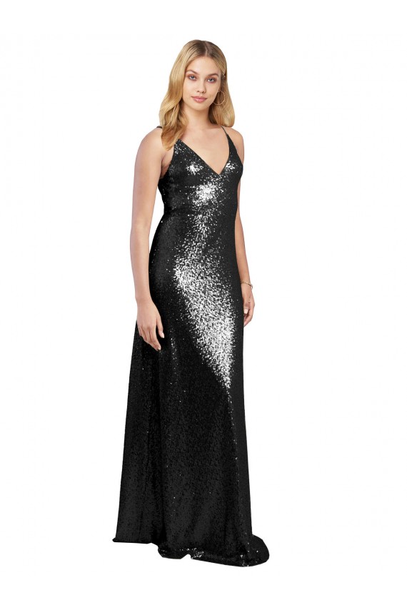 Long Sleeveless Sequin Black A-Line Formal Evening Dress