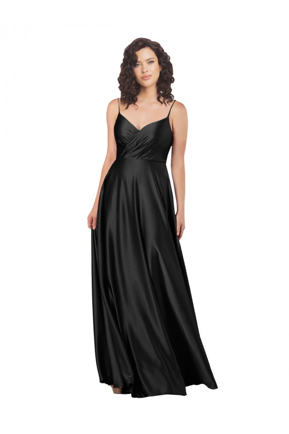 Long Sleeveless Silky Satin Black A-Line Formal Dress