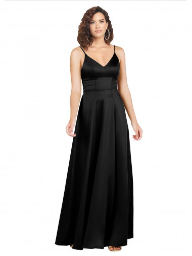 Long Sleeveless Silky Satin Black A-Line Formal Evening Dress for Sale