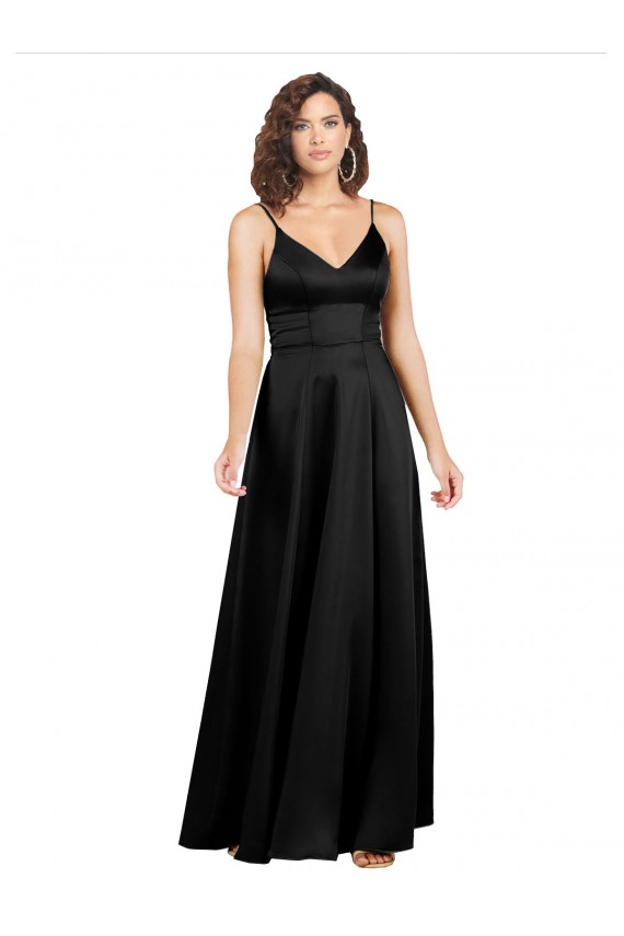 Long Sleeveless Silky Satin Black A-Line Formal Evening Dress