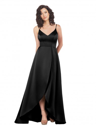 Long Sleeveless Silky Satin Black A-Line High Low Evening Dress for Sale