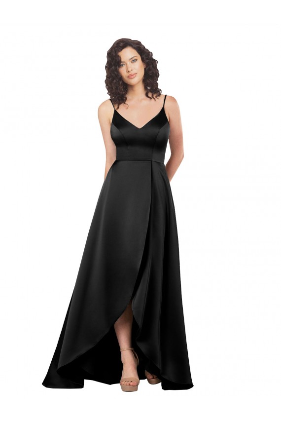 Long Sleeveless Silky Satin Black A-Line High Low Evening Dress