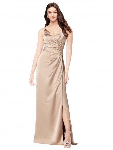 Long Sleeveless Silky Satin Champagne Pink A-Line Formal Evening Dress for Sale