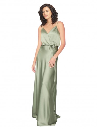 Long Sleeveless Silky Satin Smoke Green A-Line Formal Evening Dress for Sale