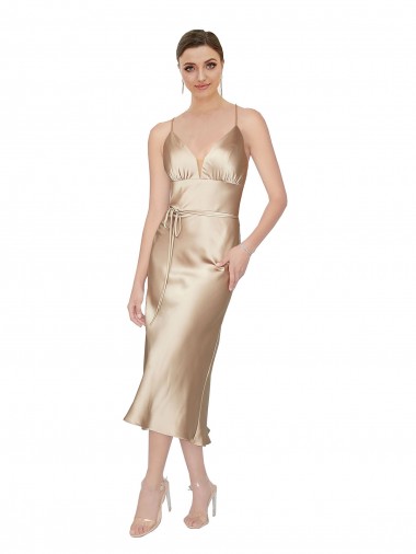 Midi Length Sleeveless Silky Satin A-Line Formal Evening Dress for Sale