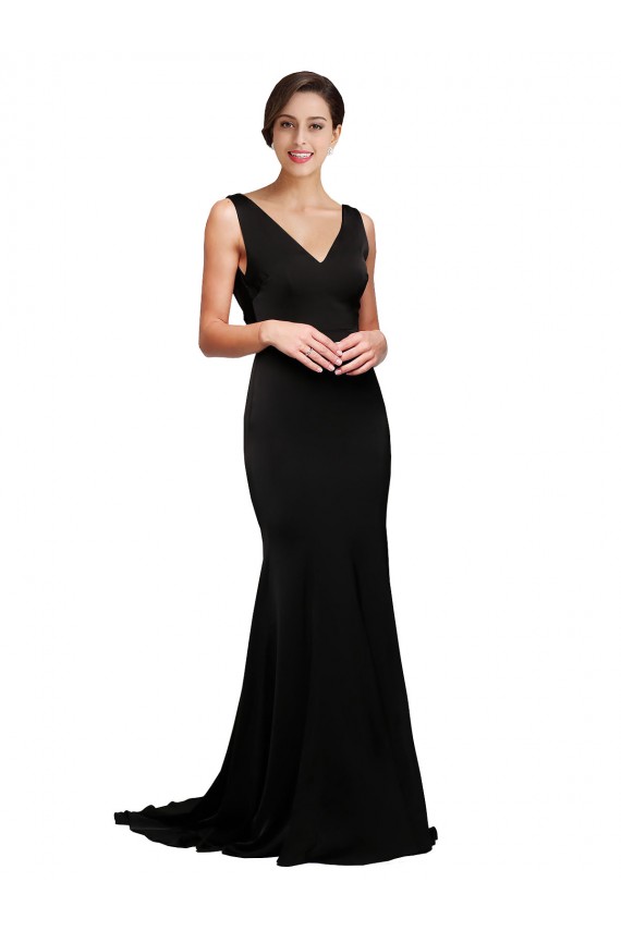 Sweep Train Sleeveless Silky Satin Black A-Line Formal Evening Dress