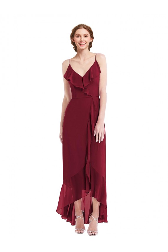 Long Sleeveless Soft Chiffon Burgundy A-Line High Low Evening Dress