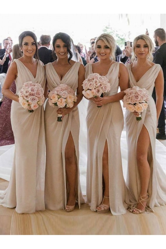 Long Sleeveless Soft Chiffon Champagne A-Line Evening Dress