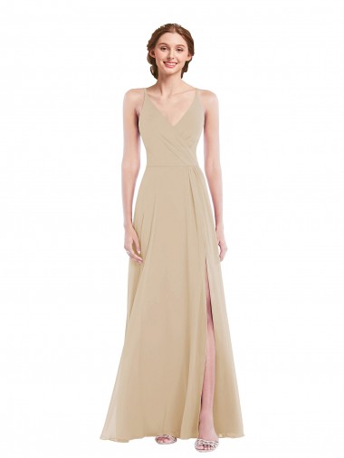 Long Sleeveless Soft Chiffon Champagne A-Line Semi Formal Evening Dress for Sale