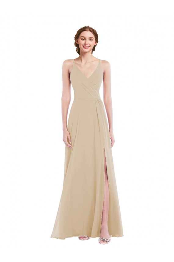 Long Sleeveless Soft Chiffon Champagne A-Line Semi Formal Evening Dress