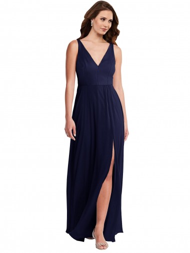 Long Sleeveless Soft Chiffon Dark Navy A-Line Black Tie Evening Dress for Sale