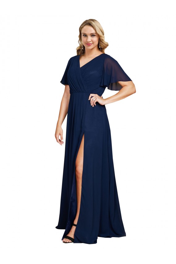 Long Short Flutter Sleeves Soft Chiffon Dark Navy A-Line Plus Size Formal Evening Dress