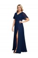 Long Short Flutter Sleeves Soft Chiffon Dark Navy A-Line Plus Size Formal Evening Dress