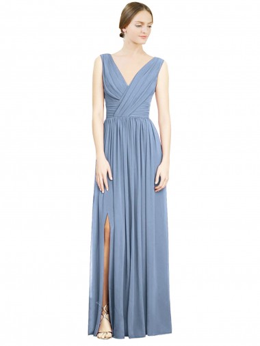 Long Sleeveless Soft Chiffon Dusty Blue A-Line Semi Formal Evening Dress for Sale