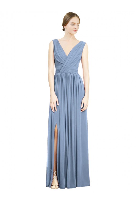 Long Sleeveless Soft Chiffon Dusty Blue A-Line Semi Formal Evening Dress