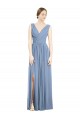 Long Sleeveless Soft Chiffon Dusty Blue A-Line Semi Formal Evening Dress