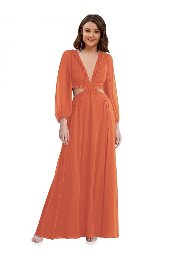 Long Long Sleeves Soft Chiffon Firecracker A-Line High Low Evening Dress