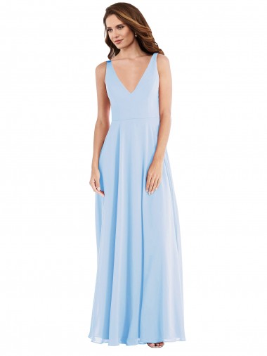 Long Sleeveless Soft Chiffon Light Sky Blue V-Neck A-Line Semi Formal Evening Dress for Sale