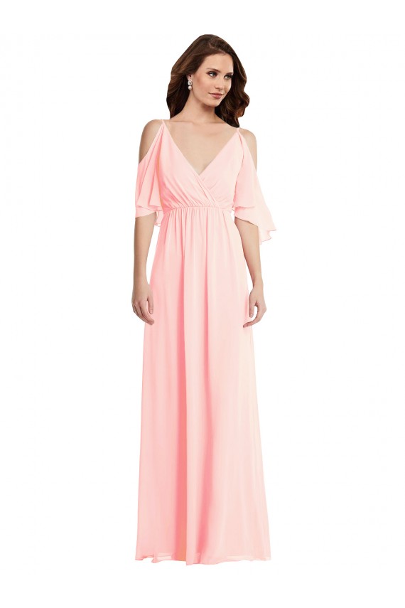Long Cold Shoulder Soft Chiffon Pink A-Line Semi Formal Evening Dress
