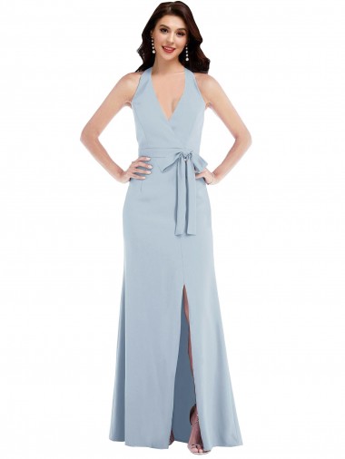 Long Sleeveless Stretch Crepe Light Sky Blue Halter Neck A-Line Formal Evening Dress for Sale